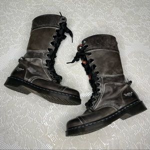 DR MARTENS Gray Leather Triumph Tall Floral Lace Up Fold Over Boots Size 8